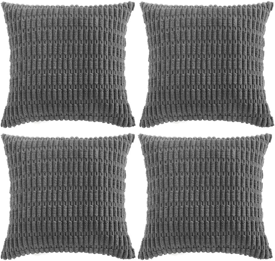 Fancy Homi 4 Packs Dark Grey Decorative Throw Pillow Covers 18x18 Inch for Living Room Couch Bed, Rustic Modern Farmhouse Boho Home Decor, Soft Plush Corduroy Cute Accent Square Cushion Case 45x45 cm
