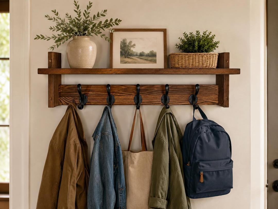 29" Coat Rack Wall Mount with Shelf, Entryway Wall Hooks with Shelf, Coat Hangers for Bathroom, Living Room, Bedroom