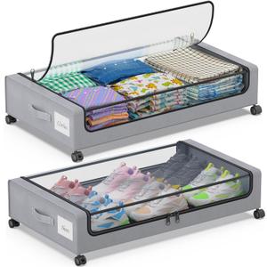 Under Bed Storage with Wheels, 2-Pack Under Bed Storage Containers with Clear Lids, XXL 60L Under the bed storage Organizer Bins, Rolling Under Bed Metal Drawer for Clothes,Shoes,Toys (Gray, 2 Pack)