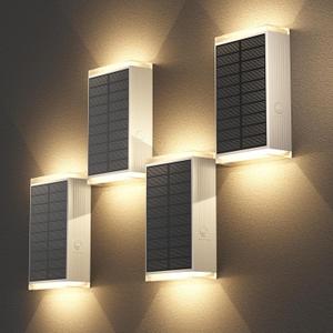 Solar Wall Light Outdoor,3000/4500/6000K/RGB 13 Modes Dusk to Dawn Lighting Solar Sconce Lights IP67 Waterproof Up and Down Solar Lights Outdoor for House /Porch/Fence/Patio/Garage-White Shell (4PCS)