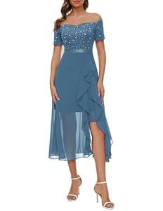 BeryLove Sequin Formal Wedding Guest Prom Party Dress Off Shoulder Cocktail Sparkly Midi Evening Dress (X-Large, Blue)