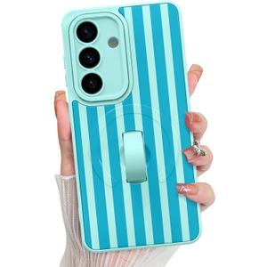 KANGHAR Compatible with Samsung Galaxy S26 Case, Support for MagSafe, Silicone Stripes Cute Pattern, Wristband Kickstand Camera Protection Soft Slim Cover for Girls Women -Blue
