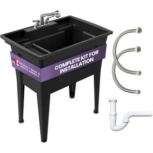 Freestanding Utility Sink with Two Handle Chrome Faucet - 32" Plastic Utility Sink for Garage, Laundry, Indoor and Oudoor Use - Laundry Tub Kit by Noah William Home - Black (25.6 gal)