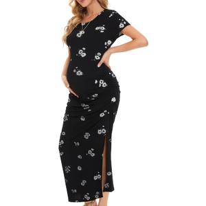 Smallshow Women's Split Long Maternity Dress Short Sleeve Ruched Pregnancy Clothes (Medium)