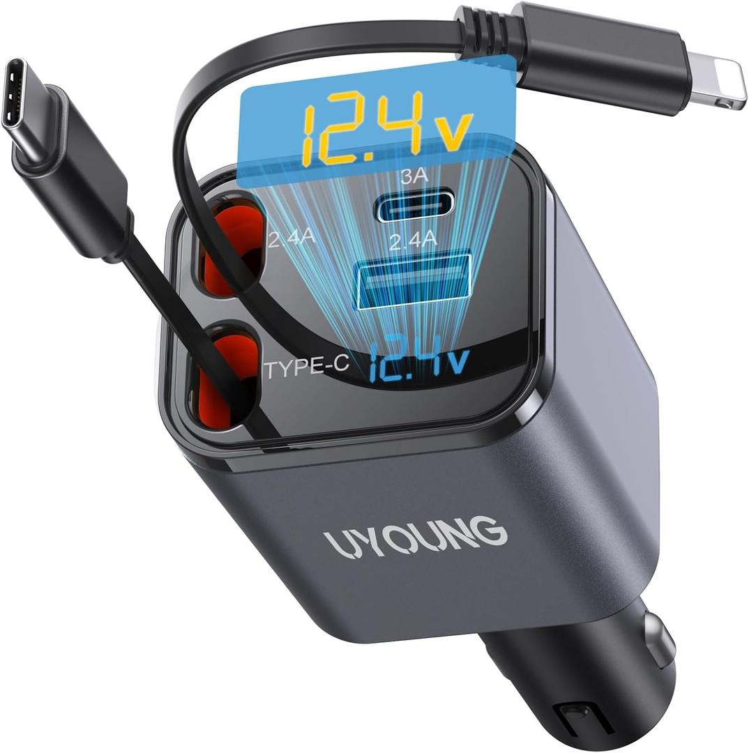 iPhone Car Charger Retractable Fast Phone Chargers, 4 in 1 Car Charger Cigarette Lighter Adapter with 2 Cables 30 Inch and 2 USB Ports, for iPhone 16/15/14/13/Pro, Gifts for Women Men-[Upgraded] (Grey)