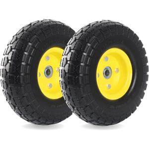 (2-Pack) 10-Inch Solid Tire Wheels - Replacement 4.10/3.50-4" Flat Free Tires and Wheels with 5/8" Axle Bore Hole Bearings, 2.17" Offset Hub -Perfect for Hand Truck, Wheelbarrow, Gorilla Carts (Yellow)