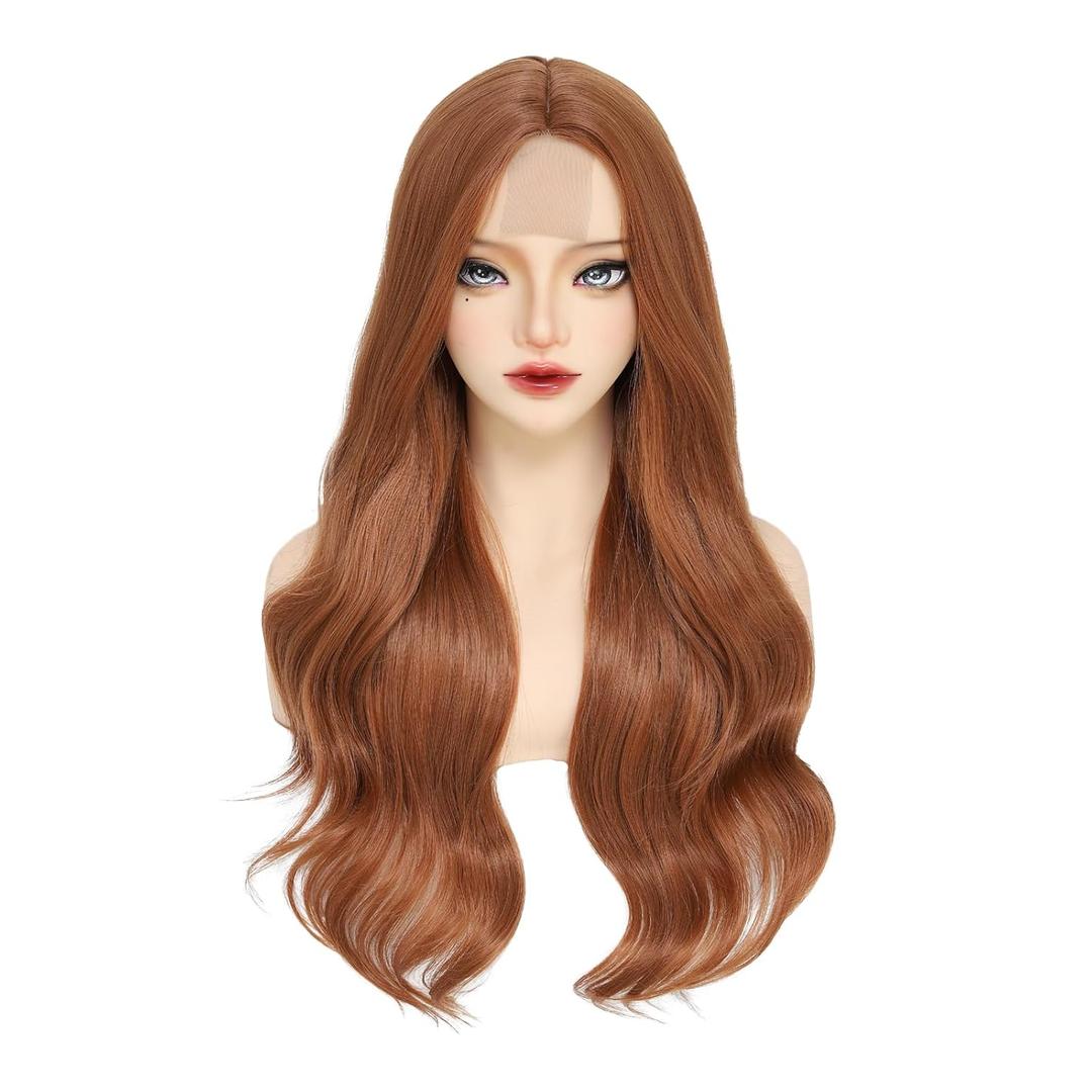 Long Copper Wig for Women 26 Inch Natural Wave Wavy Synthetic Wig Middle Part Heat Resistant Natural Looking Auburn Copper Curly Wig for Daily Use Cosplay Halloween
