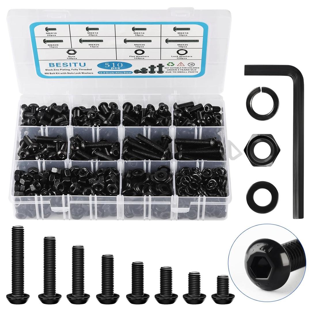 M6 Bolt Assortment Kit, 510Pcs M6 x 10/12/14/16/20/25/30/35mm Button Head Hex Socket Cap Screws Bolts Nuts Washer Assortment Kit 12.9 Grade Alloy Steel Black Galvanized