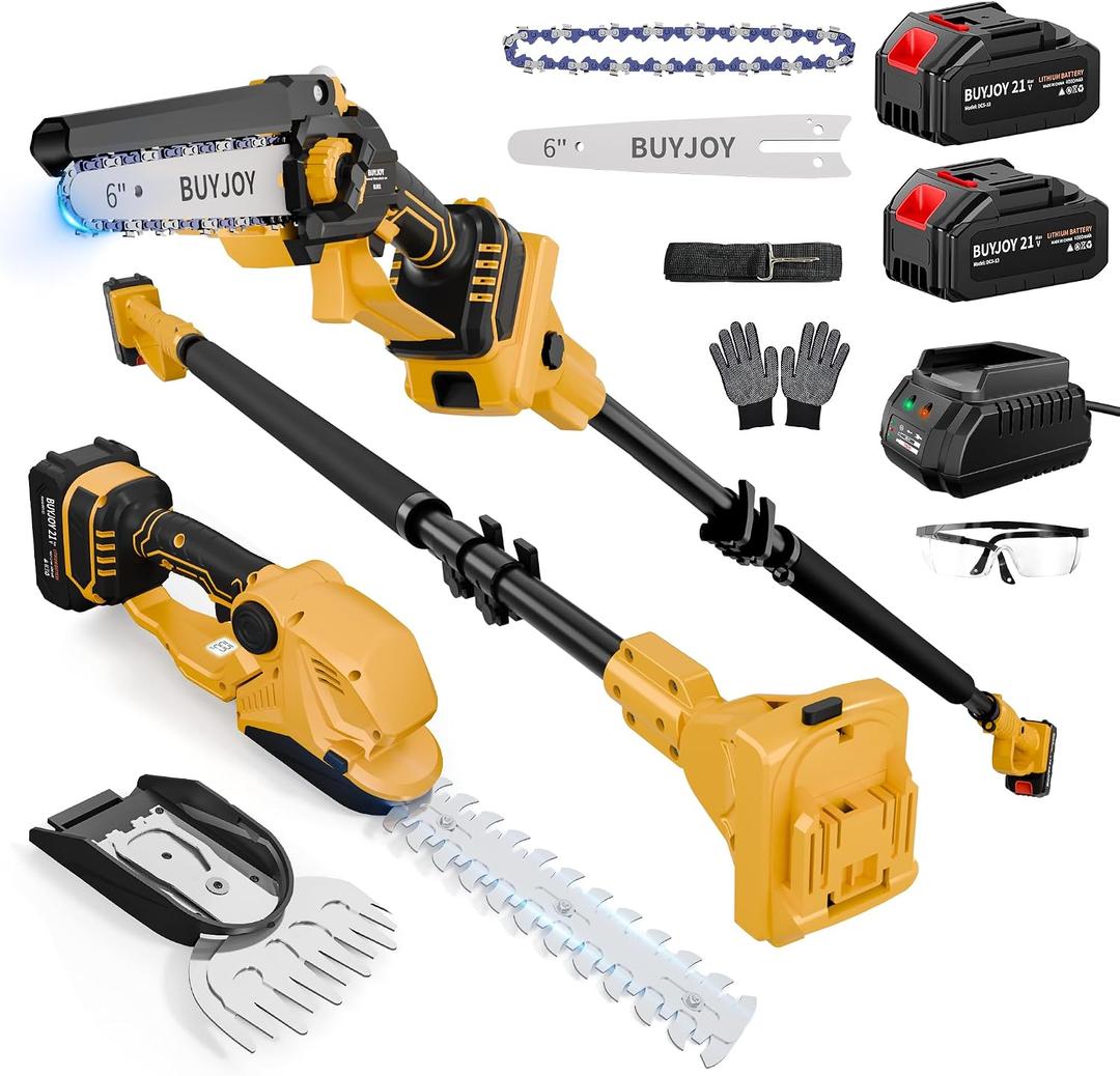 6-in-1 Pole Saw & Cordless Hedge Trimmer Combo Kit,Electric Grass Trimmer,Mini Chainsaw with 24.0 Ah Battery,Dual-Action Blade,Brushless Motor,8.5 ft Max Reach,for Tree Trimming/Garden/Lawn (Yellow)