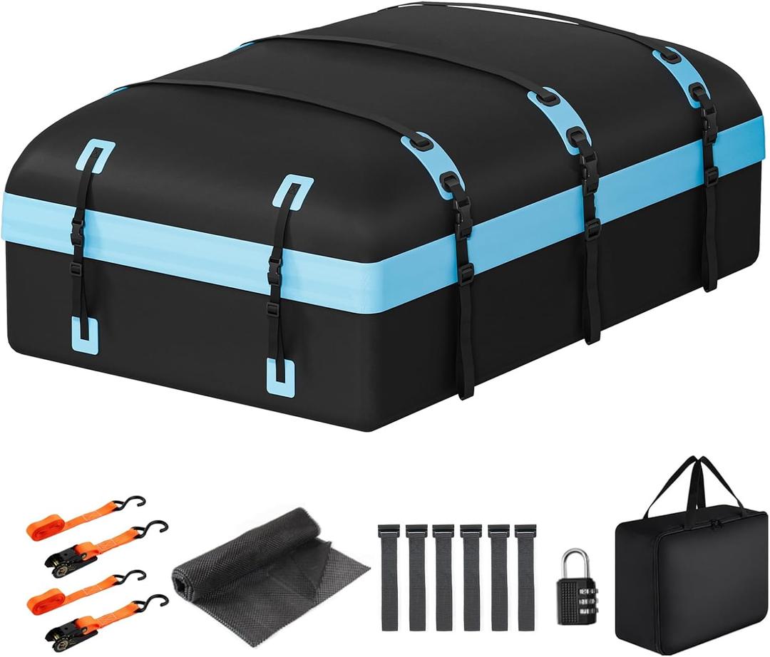 Car Rooftop Cargo Carrier Bag, 30 Cubic Feet Waterproof Soft-Shell Car Roof Bag for All Vehicle with/Without Rack, Include Anti-Slip Mat, Reinforced Straps, Door Hooks Luggage Lock (Blue)
