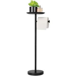 Toilet Paper Holder Stand with Shelf on Top, Black TP Roll Holder Floor Standing, Sturdy Base (Black)