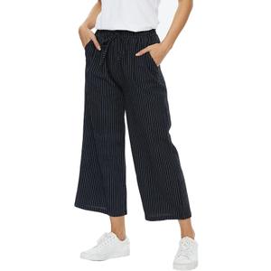 Womens Linen Pants Wide Leg High Waisted Drawstring Casual Flowy Pants with Pockets (Large, Striped-navy)