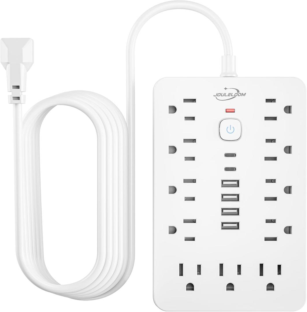 JouleLoom 6 FT Flat Plug Surge Protector Power Strip,11 Multiple AC Outlets with 6 USB Ports (2 USB C), 6 Feet Extension Cord, 1250W/10A, One Touch Switch Button, 17 in 1 Compact powerstrip-White