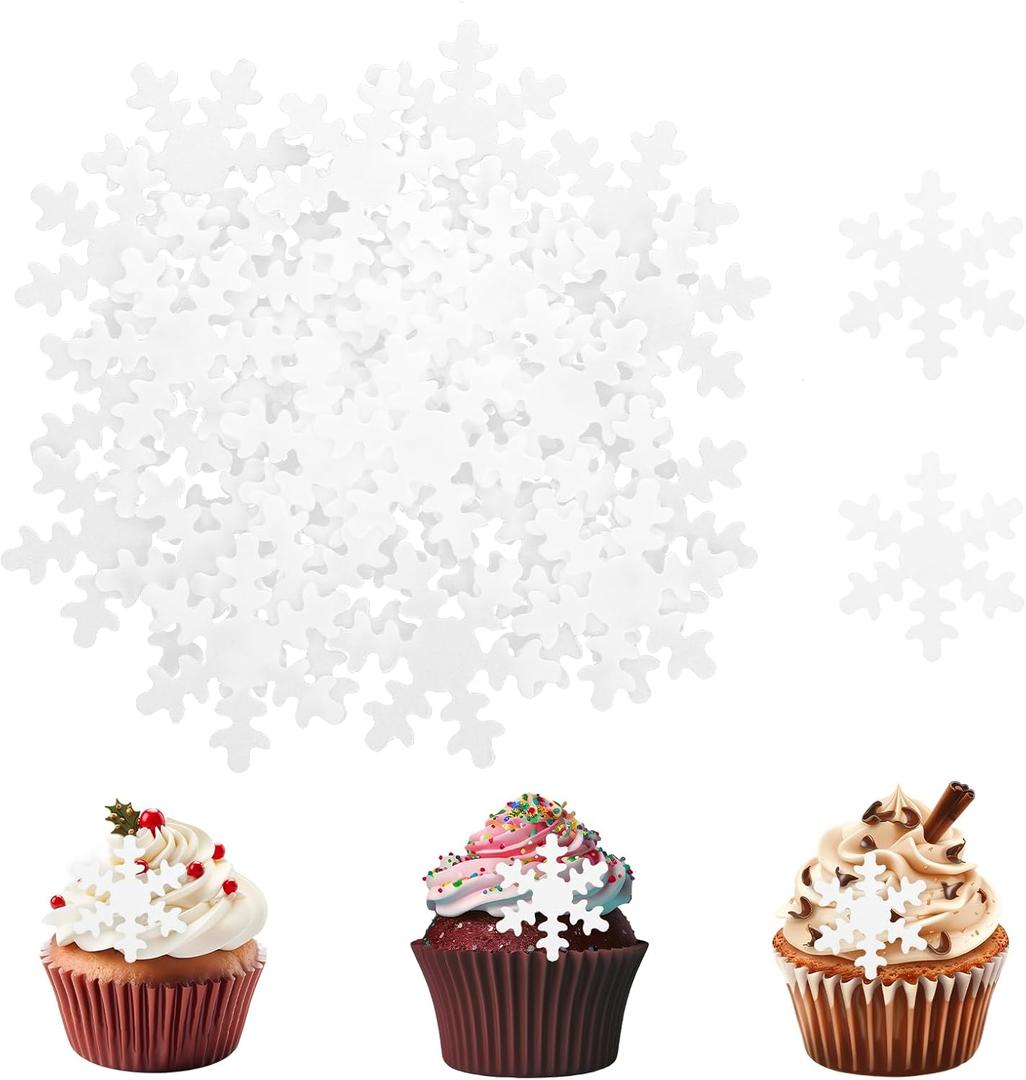Giantree 50 Pcs Edible Snowflakes Cake Toppers, White Edible Snowflakes Cupcake Toppers, Wafer Paper Snowflake Cake Sprinkles for Christmas Winter Holiday Frozen Theme Party Supplies(White)