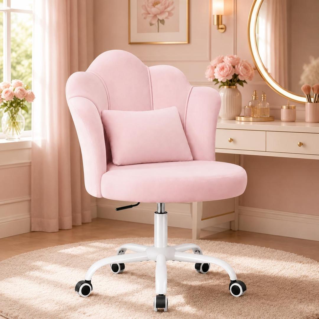 BestGlory Pink Vanity Chair with Wheels, Petal Velvet Armless Desk Chair, 20.1 inches x 20.5 inches x 37.4 inches
