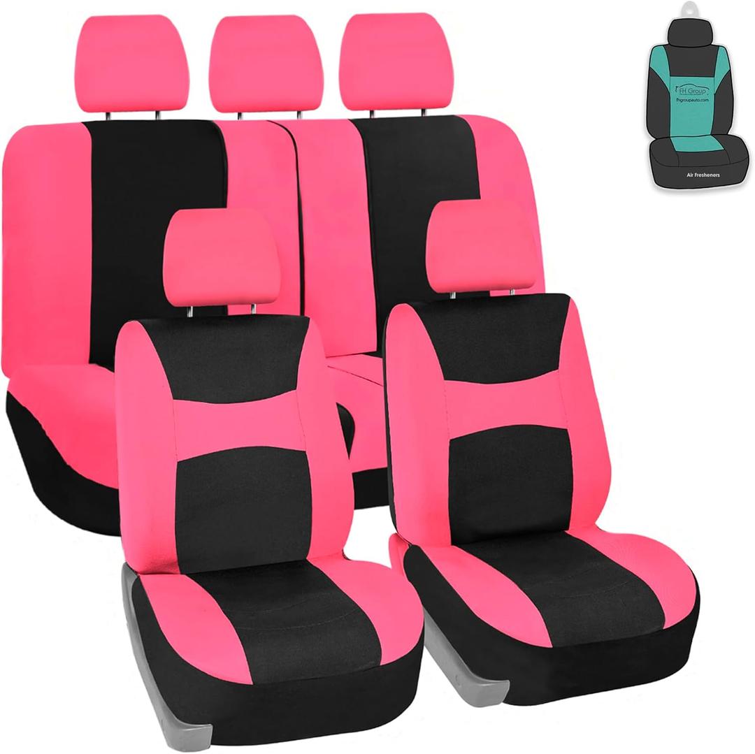 FH Group Universal Car Seat Covers Full Set for SUV Truck Sedan Vans | Waterproof All-Purpose Cloth Seat Cover Set Airbag Compatible Washable Split Bench Protector Interior Upgrade - Pink