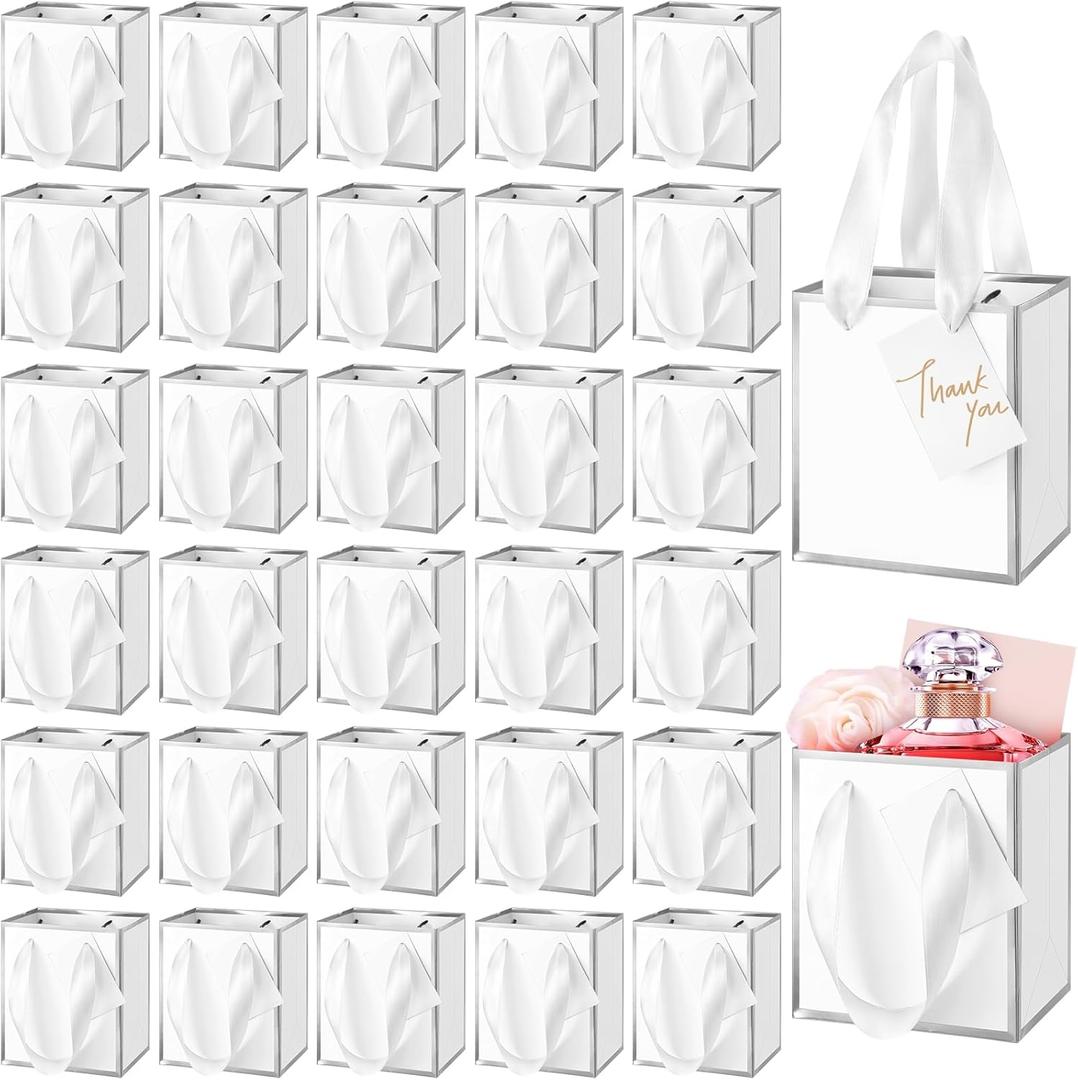 Yeaqee 50 Pcs Mini Metallic Paper Gift Bags with Handles 4x2.75x4.5'' Tiny Small Gift Bags with Thank You Tag for Wedding Graduation Birthday Party Return Gifts Jewelry Business (White,Silver)