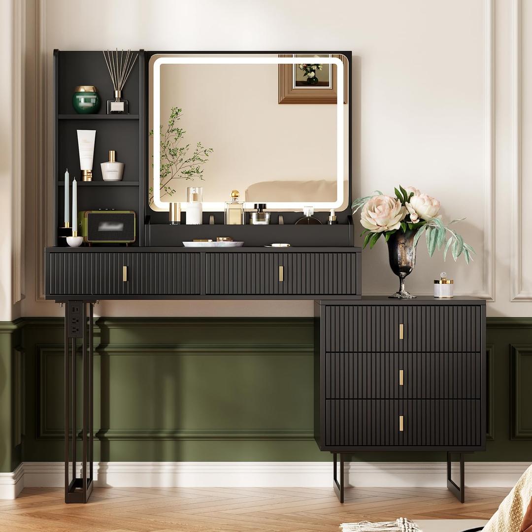 Large Vanity Desk with 3 Color Touch Screen Dimming Mirror, Vanity Desk with Charging Station, Modern Retractable Makeup Dressing Table, Makeup Table With storage shelves and 5 Sliding Drawers, Black