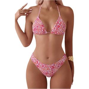 QJQ Women's 2 Piece Bathing Suit Disty Floral Halter Triangle Bikini Sets Sexy Cheeky High Waisted Swimsuit (Pink), S