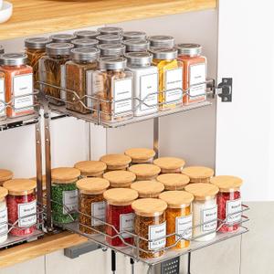 Pull Out Spice Rack, 2 Tier Spice Organization for Cabinet, Heavy Duty Spice Rack, 9-1/4 inch Wide - Spice Racks for Inside Cabinets, Kitchen, Pantry - Chrome, 9.25W x 10.39D x 9.76H