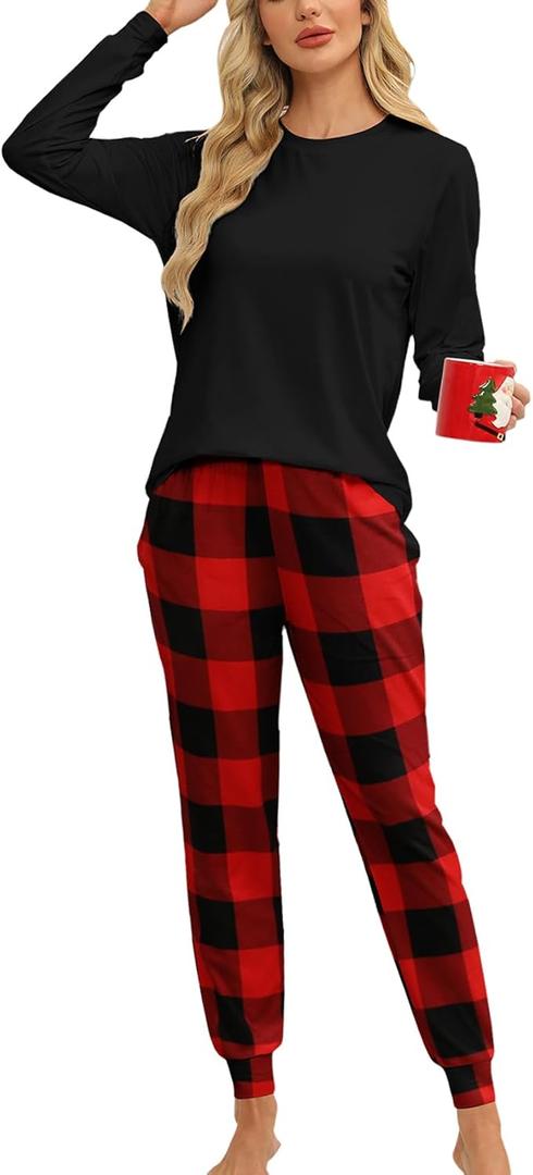 KFUBUO Women's Pajama Sets Long Sleeve Sleepwear and Jogger 2 Piece Lounge Set (Black, M)