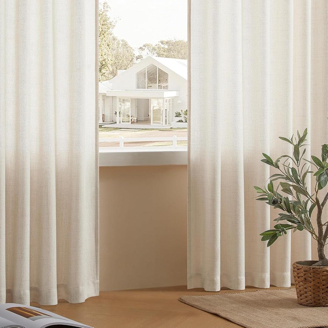 DaysU Ivory Linen Curtains - 96 Inch Length, 2 Panel Sets for Living Room & Bedroom/Farmhouse, Semi Sheer Pleated, Rod Pocket, Light Filtering Privacy Added (54"W x 96"L (Pack of 2))