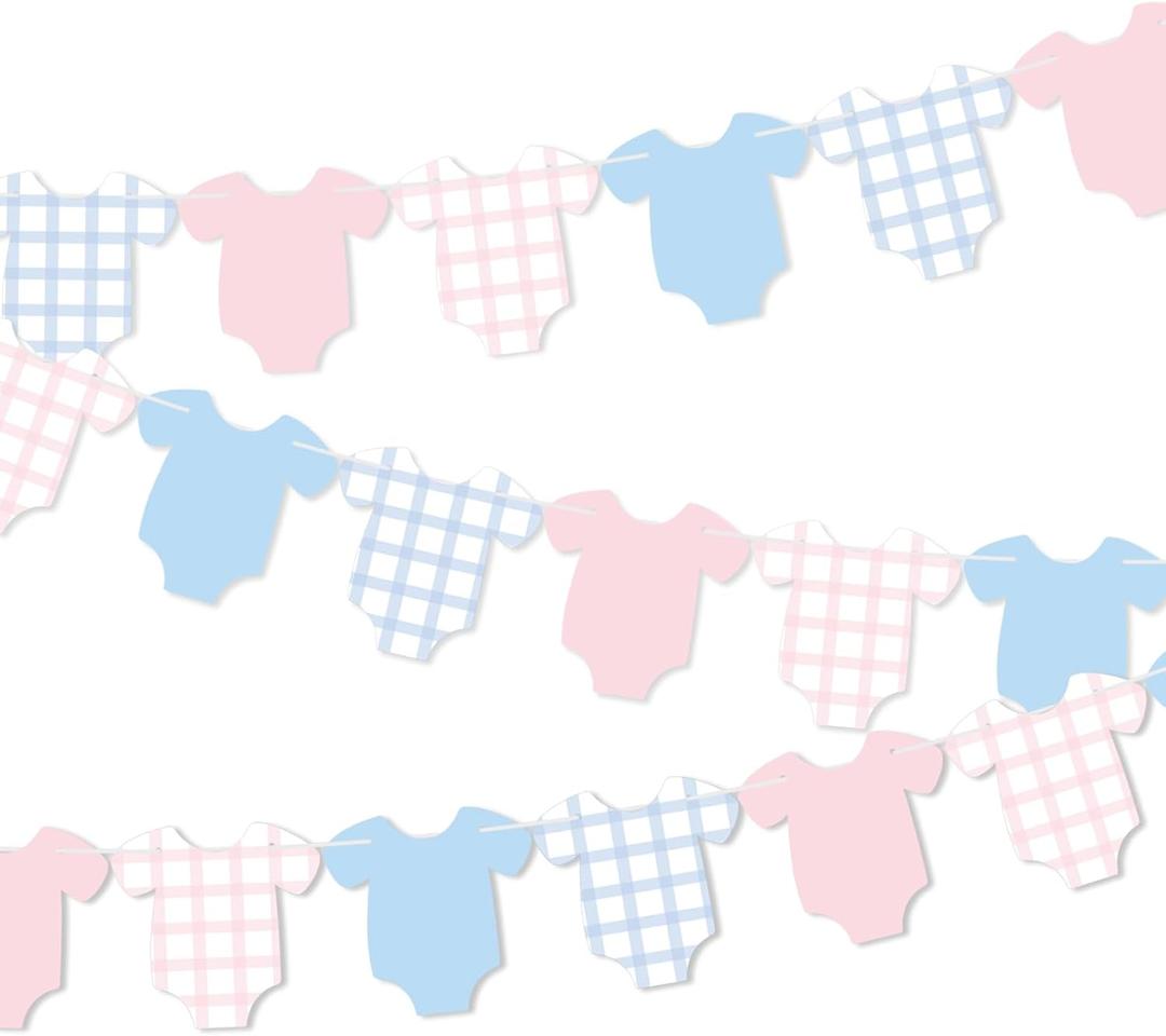 Weysat 2 Pcs Baby Clothes Banner Baby Boys Girls Shower Decorations Pink Blue Bodysuit Clothesline Banner Gender Reveal Birthday Neutral Party Outfit Paper Decor Supplies