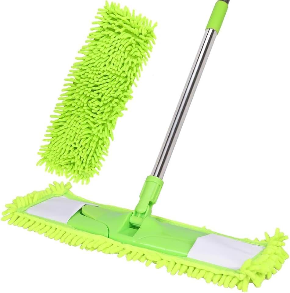 Dust Mop for Floor Cleaning with 2 Washable Chenille Pads and Extendable 58” Long Handle, Dry Wet Flat Mop with Scouring Pad for Hardwood, Laminate, Tile, Marble (Green)
