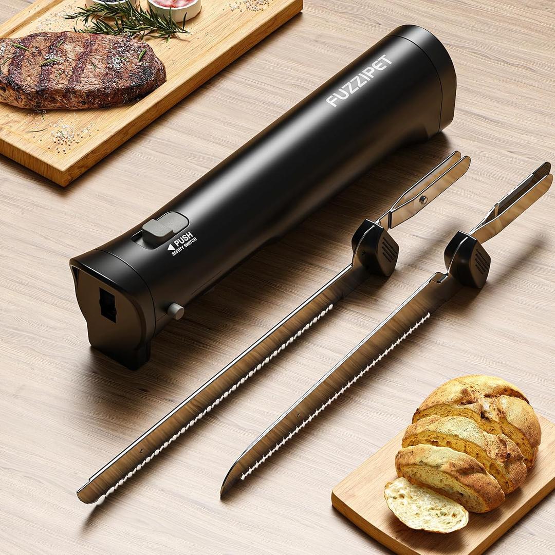 Fuzzipet Cordless Electric Knife, Electric Bread Knife with 4 Stainless Steel Blades, Electric Cutting Knife for Cutting Meats, Fish, Poultry, Bread, Cheese & More (Black)