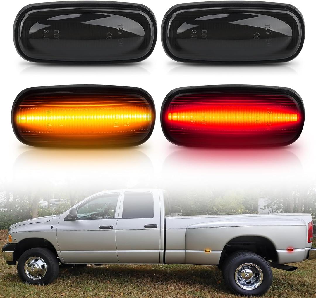 Bestview LED Dually Side Marker Lights for 2003-2009 Dodge Ram 2500 3500, AmberRed Front&Rear Bumper Fender Bed Lamp Assembly Kit accessories,Smoked Lens(Pack of 4)