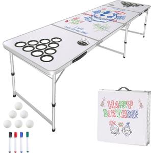 VEVOR 8 Foot Portable Beer Pong Table, Folding Tailgate Table, Cup Holes, Dry Erase Markers and Carrying Handles, Adjustable Height, Lightweight Table for Office, Tailgate Party & Camping, White, 94.5 x 23.6 x 28 in