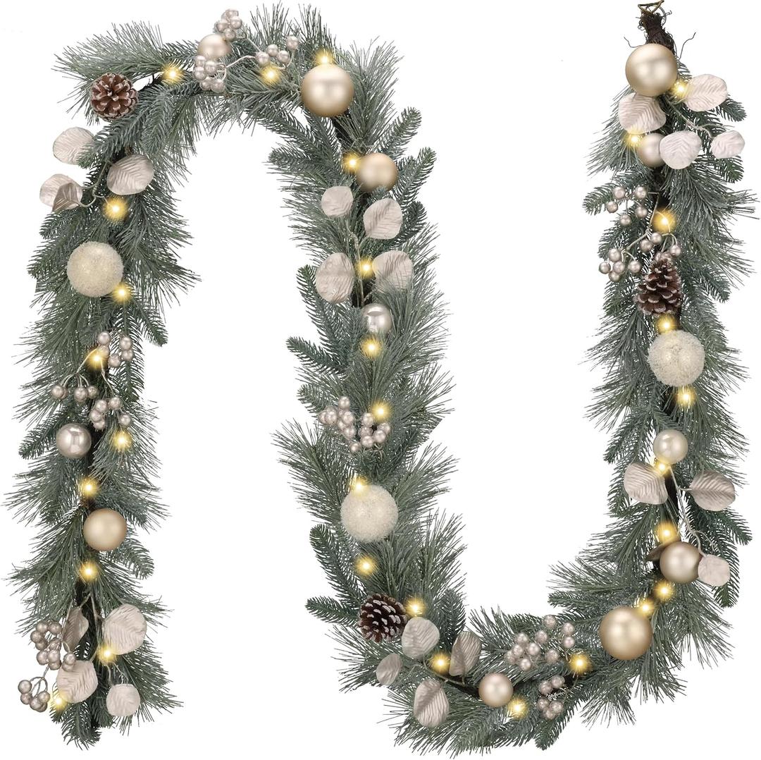 Valery Madelyn 9 Ft Pre-Lit Christmas Garland with Lights for Mantle, Lighted Outdoor Xmas Garland with Silvery White Ball Norfolk Pine for Home Stairs Fireplace Table Centerpiece Indoor Holiday Decor