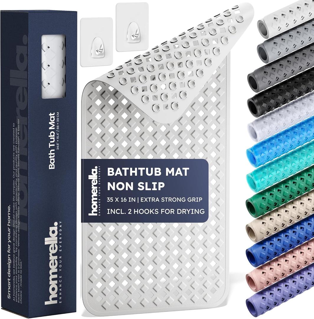 Bathtub Mat Non Slip 35x16 - homerella Bath Mat Incl. Hooks for Drying, Extra Long, 100% BPA Free, Shower Mat Non Slip Anti Mold, Machine Washable, Shower Mats for Inside Shower Mildew Resistant (34.5" x 15.5" (Rectangular), White)