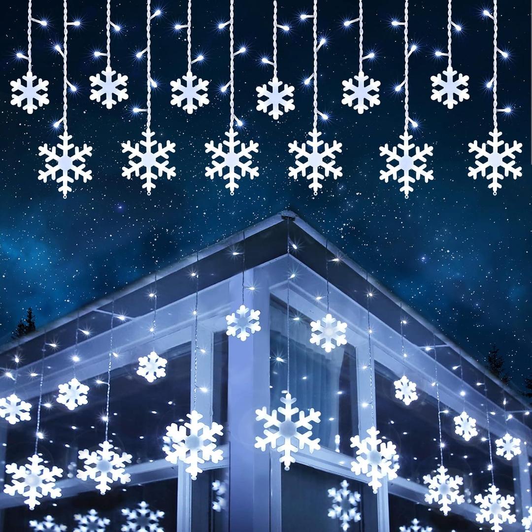 Toodour Christmas Snowflake Lights Outdoor, 17.22ft 264 LED Snowflake Icicle Lights with 22 Drops, Connectable, 8 Modes Waterproof White Christmas Light for Curtain, Eaves, Window, Xmas Decorations