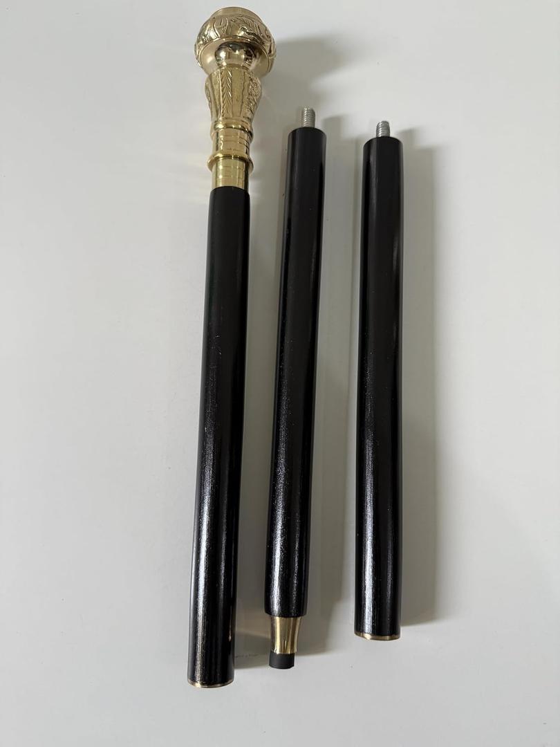 Victorian Style Walking Stick, Black Wood Cane with Brass Handle and Compass, 3-Piece Design