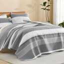 Litanika Quilt Queen Size Silver Grey, Stripe Patchwork Summer Bedspread Coverlet 3 Pieces, Soft Lightweight Microfiber Quilted Bedding Set for All Season(1 Quilt, 2 Pillowcases) (Queen(96*90in), 17 - Silver Grey)