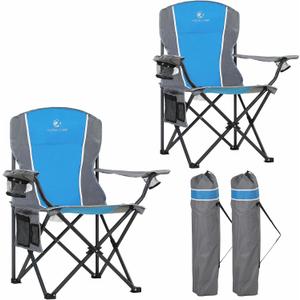 LET'S CAMP Oversized Outdoor Folding Camping Chair, 2 Pack Heavy Duty Arm Chairs with Cup Holder and Storage Bag, 350 LBS Weight Capacity, Blue