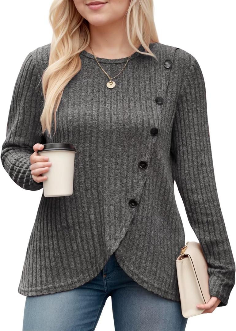 DOLNINE Womens-Plus-Size-Tops Casual Long Sleeve Shirts Trendy Button Side Split Fall Cute Tunic Sweatshirts (4X-Large, Dark Grey)