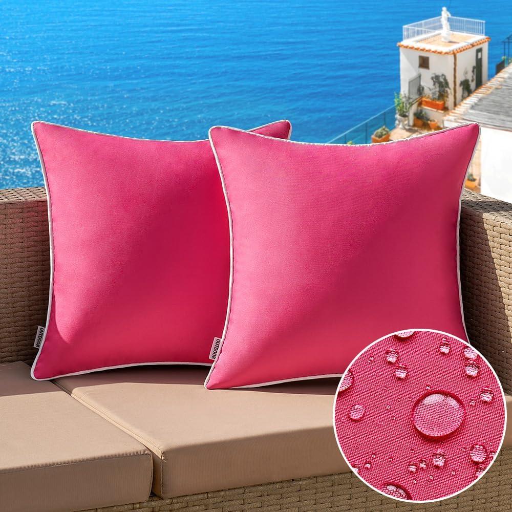 MIULEE Pack of 2 Outdoor Waterproof Pillow Covers Decorative Farmhouse Throw Pillow Covers Square Solid Color Couch Pillow Covers Spring for Patio Tent Bed Sofa Living Room 16x16 Inch Hot Pink