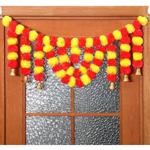 Yinder Marigold Garland for Decoration Diwali Decoration for Door Toran 3.3 Feet Long Artificial Marigold Flowers Garland with Gold Bells for Diwali Door Pooja Temple Indian Home Wedding Decor