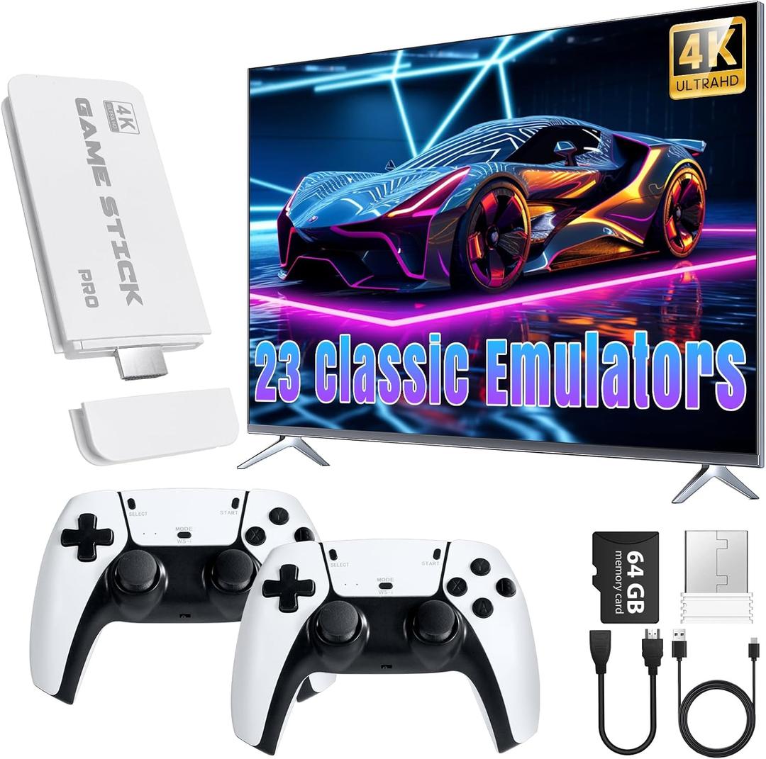 Retro Gaming Stick,Support 23 Emulators,Retro Gaming Console 64GB TF Card,Dual 2.4GHz Wireless Controllers,Game Stick 4K HDMI Plug and Play Video Games for TV