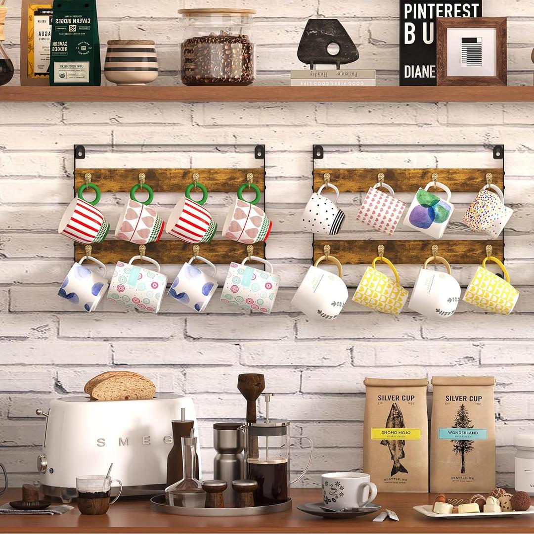 Coffee Mug Holder Rack Organizer - Wall Mounted Rack to Hold Up to 16 Mugs (2Pack), Rustic Wood Cup Organizer Rack & Display Shelf for Kitchen, Coffee Bar, Home, Office (4-Tier)