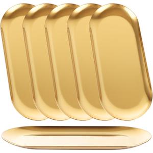 AKOLAFE 11 PCS Stainless Steel Serving Tray Set Gold Platters for Serving Food Small Metal Tray Decorative 9" Long Plate Oval Storage Tray Thickened Serving Dishes for Entertain Party Buffet Sushi Snack