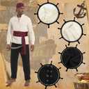 Mens Pirate Costume Adult Medieval Shirt Viking Ankle Banded Pants with Compass Necklace 5 Pcs Pirate Accessories Set (M)