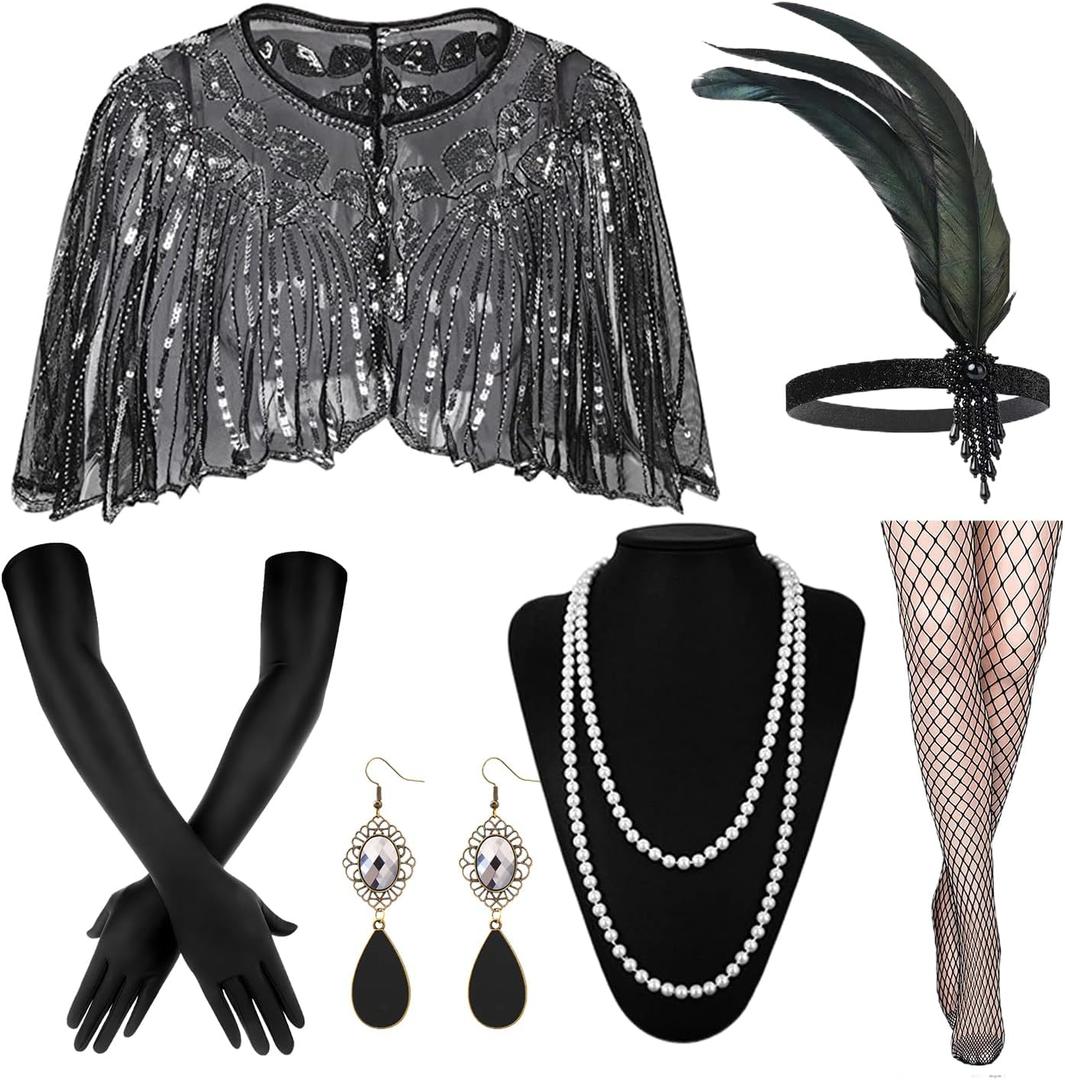 1920s Flapper Accessories Set for Women Roaring 20s Accessories Great Gatsby Costume Kit (Black Silver)