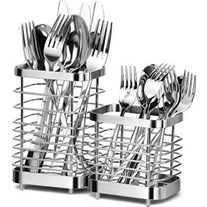 Utensil Holder, Stainless Steel Utensil Drying Rack for Kitchen Counter, Silverware Cutlery Flatware Holder Forks, Knives, Spoons, Chopsticks Organizer (Silver, Tall & Short)