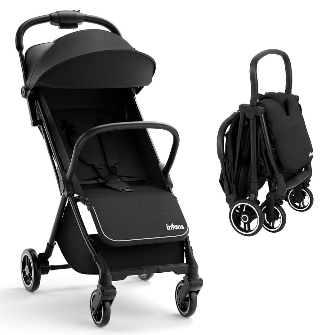 INFANS Lightweight Baby Stroller, Ultra-Compact Fold Airplane Ready Travel Stroller, One-Hand Gravity Fold Near Flat Recline Seat, Foldable Toddler for Infant 0-36 Month (Black)