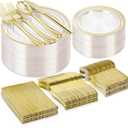 BESTVIP 300PCS Clear Gold Plastic Plate Set (50 Guests), Disposable Dinnerware Set for Party, Wedding, Birthday - 100 Plates, 100 Forks, 50 Spoons, 50 Knives for Christmas