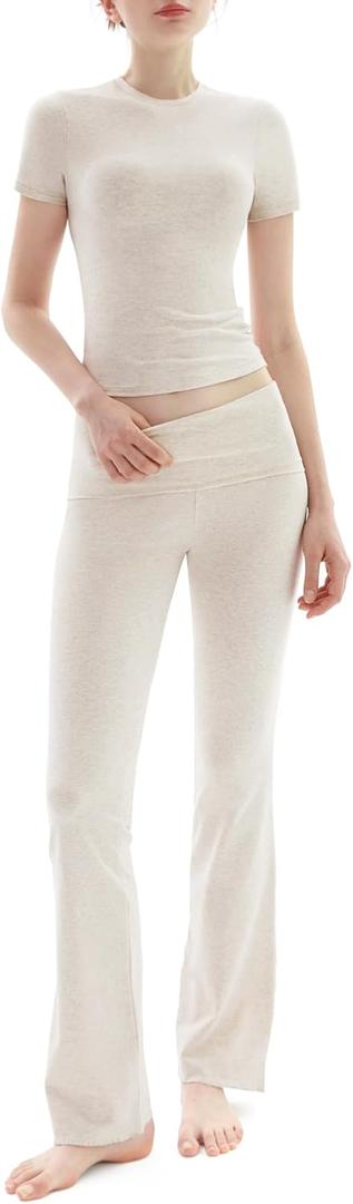 PUMIEY Women's 2 Piece Lounge Sets Short Sleeve Tops Fold-Over Flare Pants Casual Outfits Matching Set Nap Collection, Small 