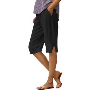 Cotton Linen Capri Pants for Women Petite Bermuda Shorts Knee Length Drawstring Pants Summer Beach Long Shorts (XL)